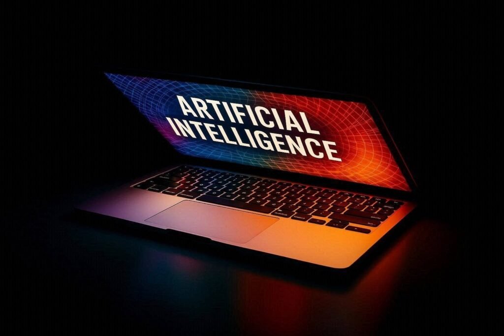 This image captures a sleek, modern laptop centered against a deep, dark background, emphasizing a high-tech aesthetic. The screen prominently displays the text "ARTIFICIAL INTELLIGENCE" in bold white letters, set against a vibrant, glowing geometric mesh grid that transitions from blue on the left to a warm, fiery orange on the right. The ambient lighting casts a dramatic effect, with the warm orange glow reflecting softly onto the laptop's keyboard and base, creating a striking contrast against the surrounding darkness. This visual composition is an ideal choice for blog content focused on technology, AI innovation, or the digital landscape, perfectly aligning with themes of modern computational advancement and creative digital exploration.